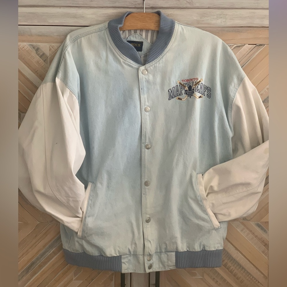 Maple leafs vintage varsity denim jacket.